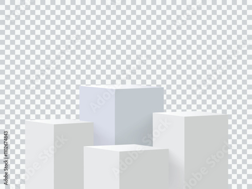 Four blank square podiums stand to show products on transparent background, Vector illustration.