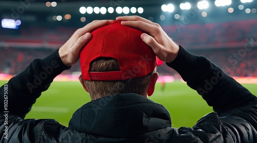 Fan sports goal dedication concept. A tense moment in a stadium, featuring a fan in a red cap, showing anticipation or worry during event.