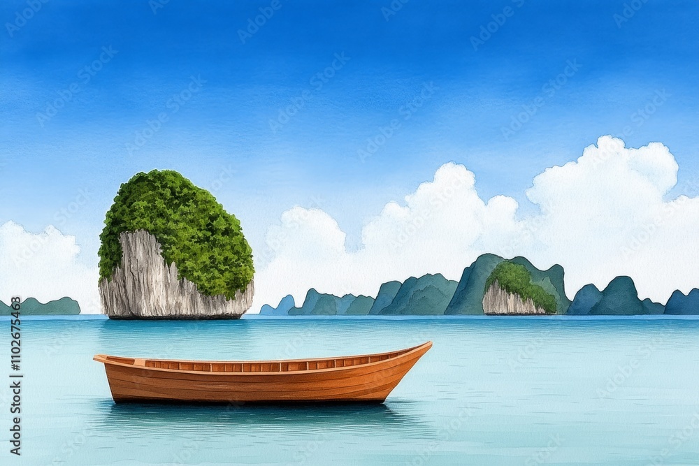 A dreamy watercolor scene of Ha Long Bay in Vietnam, with soft green and blue tones blending naturally A dreamy watercolor scene of Ha Long Bay in Vietnam, with soft green and blue tones blending naturally