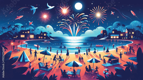 illustration of a beach atmosphere with a night sky filled with fireworks, and people partying happily