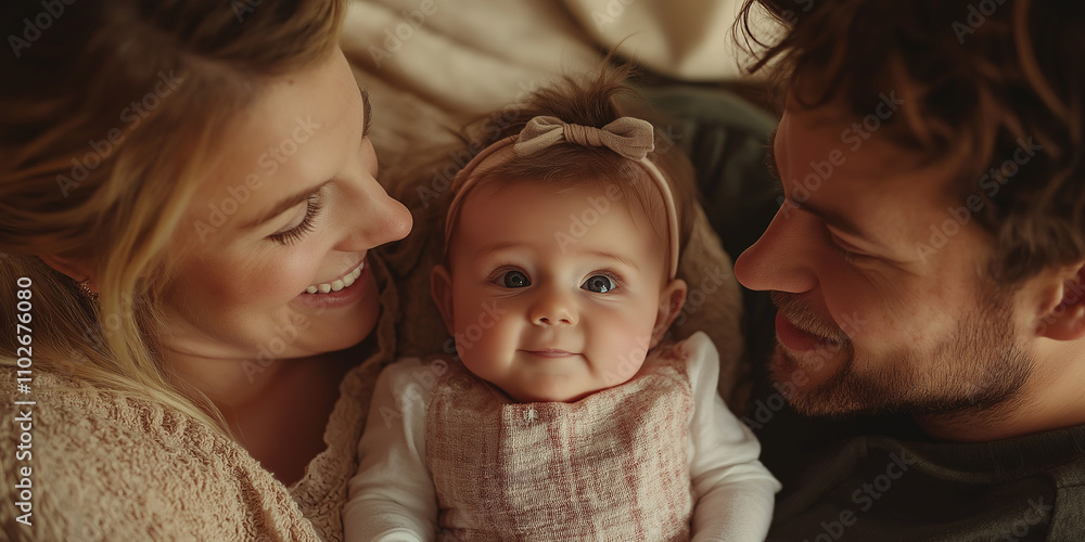 Closeup portrait of couple with their baby Happy smiling family holding baby Closeup portrait of couple with their baby Happy smiling family holding baby