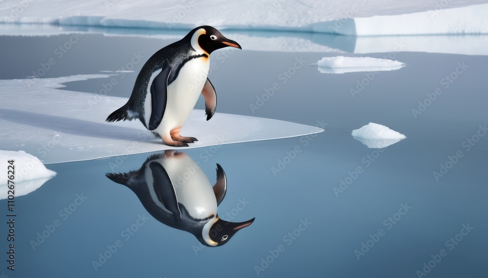 Obraz premium A penguin walks on ice, its reflection visible in the calm water, surrounded by a serene, icy landscape.