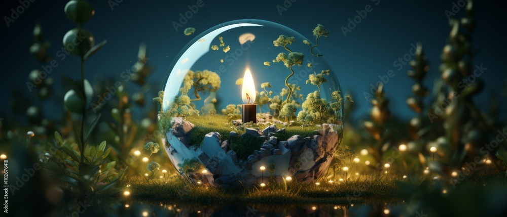 Fototapeta premium Enchanted Globe with Flame Surrounded by Lush Flora and Lights