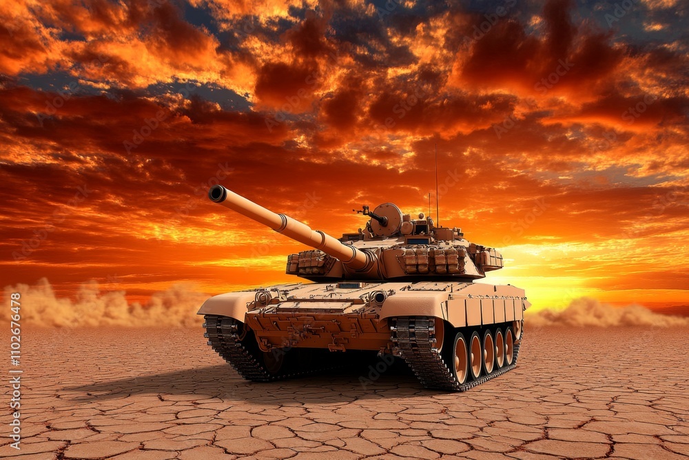 A military tank rolling across a desert battlefield under a blazing sun, with dust clouds rising behind it A military tank rolling across a desert battlefield under a blazing sun, with dust clouds rising behind it