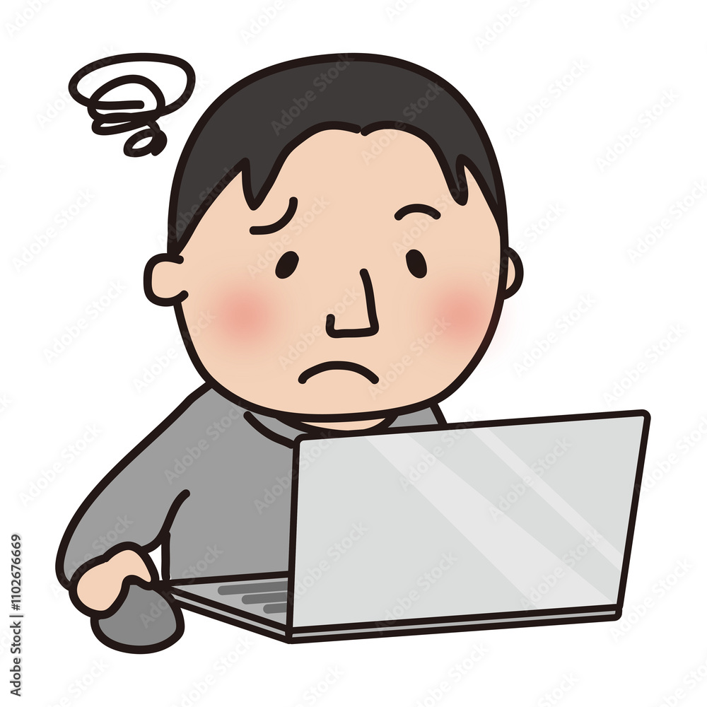 パソコン操作に悩むグレーの服を着た男性