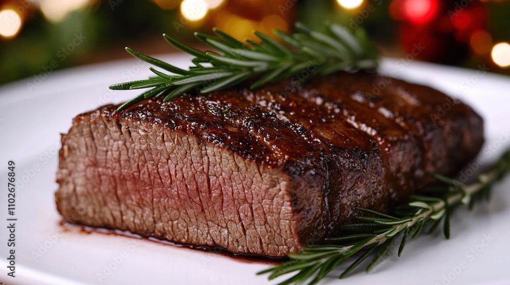Sizzling grilled steak with rosemary on plate for christmas dinner Sizzling grilled steak with rosemary on plate for christmas dinner
