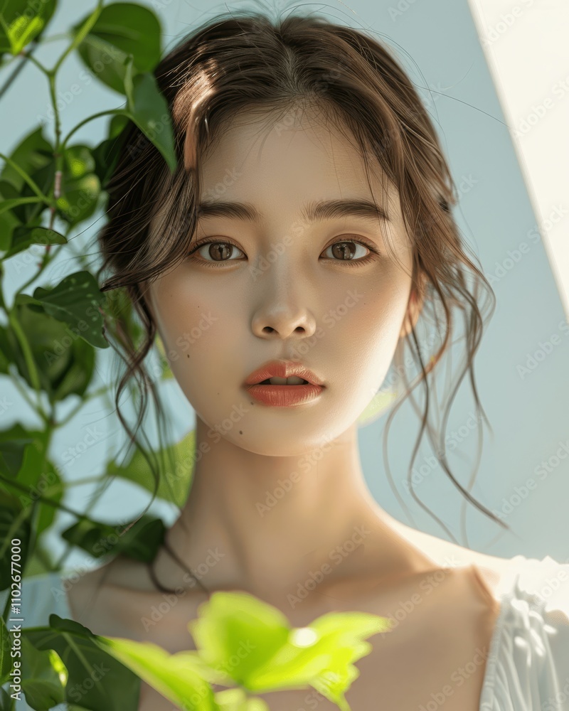 Beautiful Asian Woman with Exquisite Eye Makeup in Natural Garden Beautiful Asian Woman with Exquisite Eye Makeup in Natural Garden