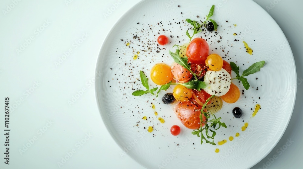A simple, elegant plate of food, with artistic presentation, viewed from a top-down angle A simple, elegant plate of food, with artistic presentation, viewed from a top-down angle