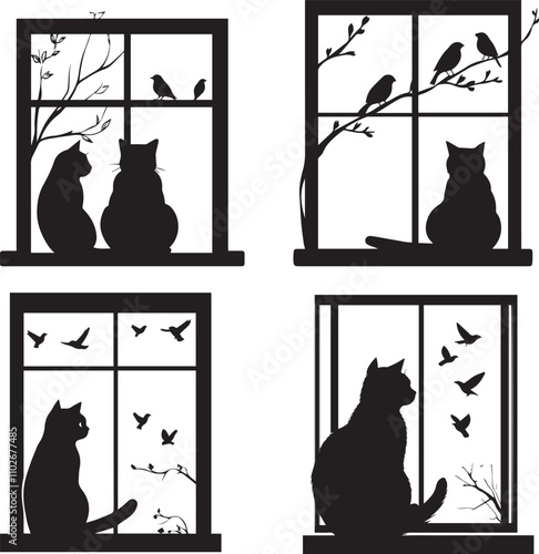 Silhouette vector of a cat sitting in window looking birds on branch, cats in the windowsill vector silhouette