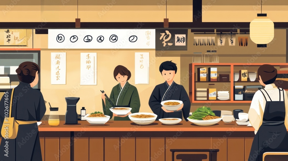 A traditional soba noodle shop counter with bowls of hot soba being served to customers A traditional soba noodle shop counter with bowls of hot soba being served to customers