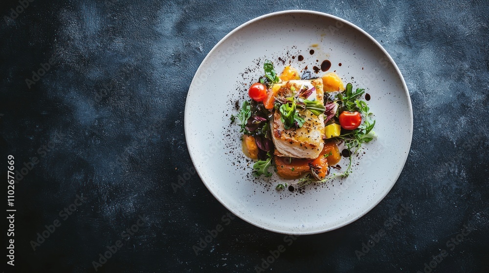 A simple, elegant plate of food, with artistic presentation, viewed from a top-down angle A simple, elegant plate of food, with artistic presentation, viewed from a top-down angle