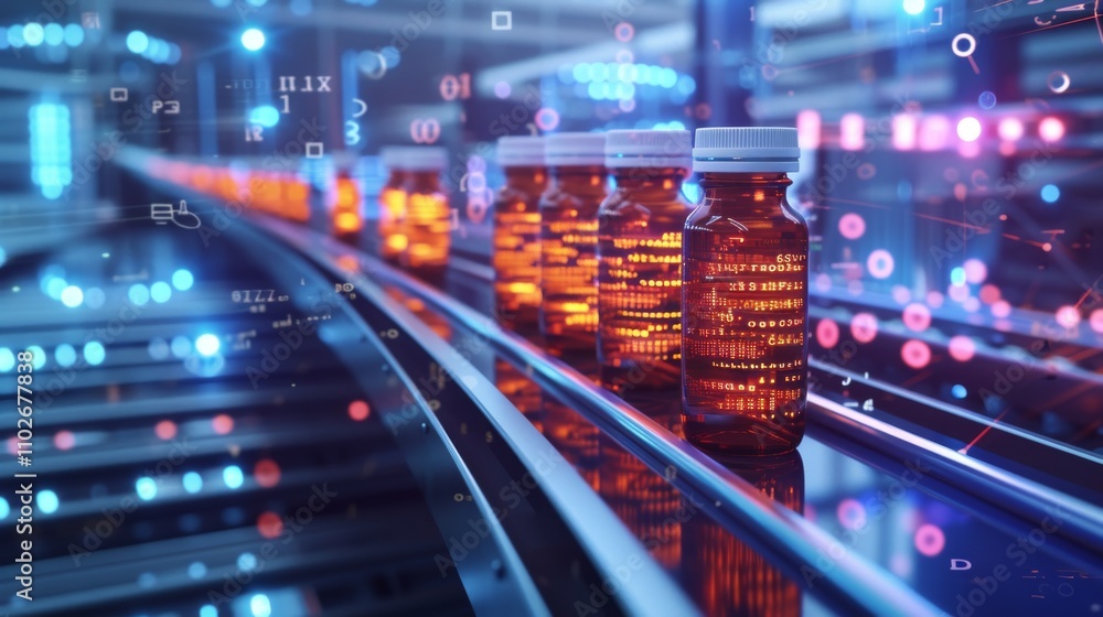 Obraz premium A row of pharmaceutical vials on a high-tech assembly line, illuminated by digital lights and surrounded by electronic data streams, symbolizing AI-powered advancements in healthcare. AI generated.