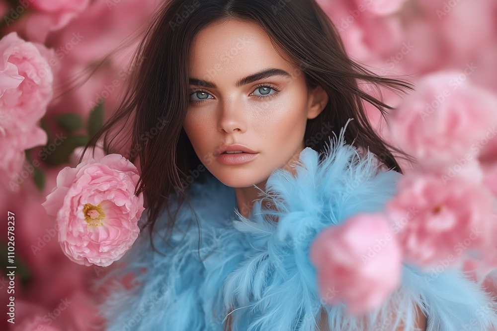 Striking close-up portrait featuring woman in a vibrant blue feathered blouse surrounded by pink blooms in a dreamy pastel setting Striking close-up portrait featuring woman in a vibrant blue feathered blouse surrounded by pink blooms in a dreamy pastel setting