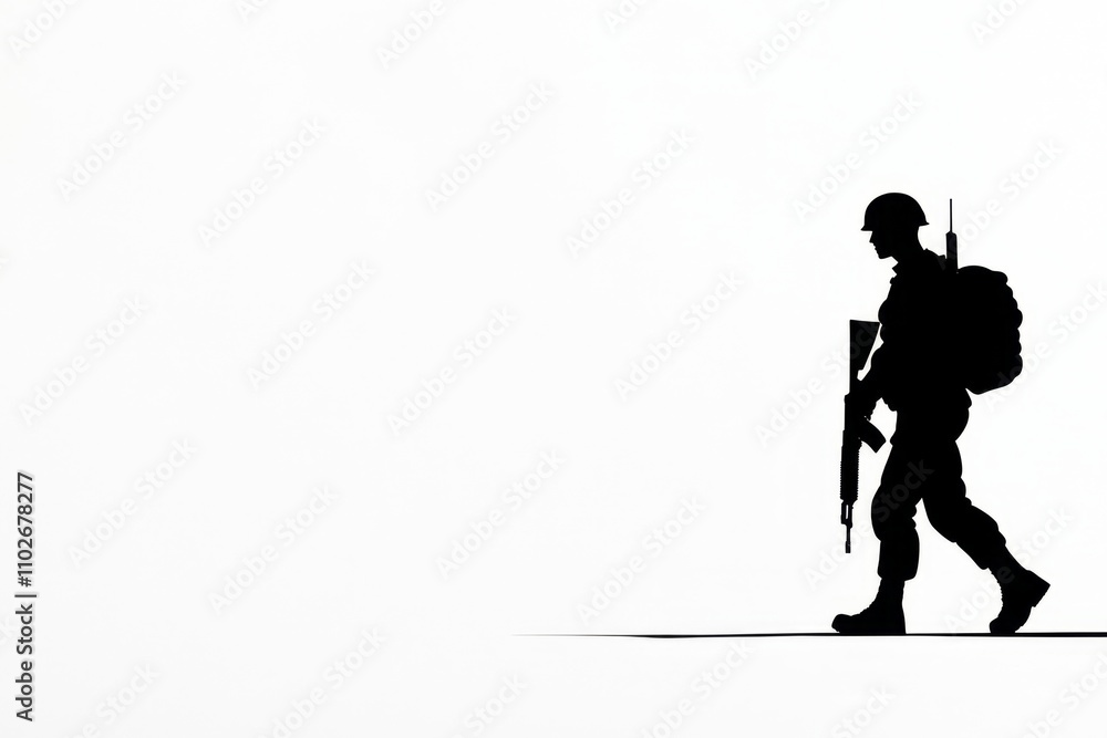 A simple silhouette of a marching soldier carrying a rifle, set against a plain white background A simple silhouette of a marching soldier carrying a rifle, set against a plain white background