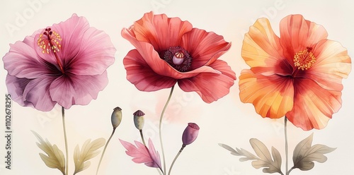 Wallpaper Mural Colorful Floral Watercolor Illustration - Poppy, Cosmos, Hibiscus Torontodigital.ca