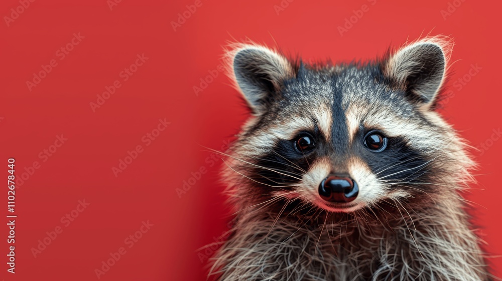 Cute raccoon peeking from behind a red wall with space for text Cute raccoon peeking from behind a red wall with space for text