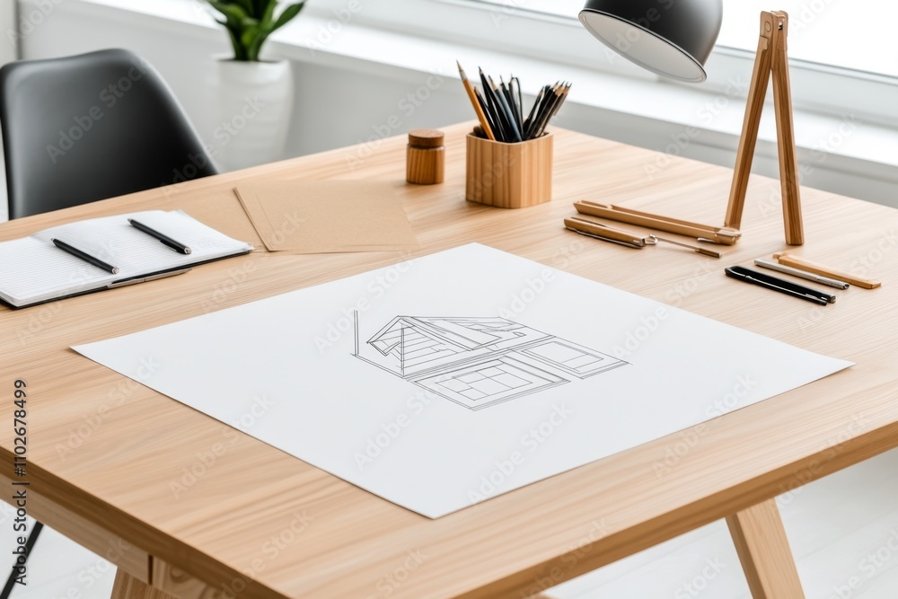 A soft watercolor illustration of a desk filled with architectural sketches and drafting tools, blending earthy and pastel tones A soft watercolor illustration of a desk filled with architectural sketches and drafting tools, blending earthy and pastel tones