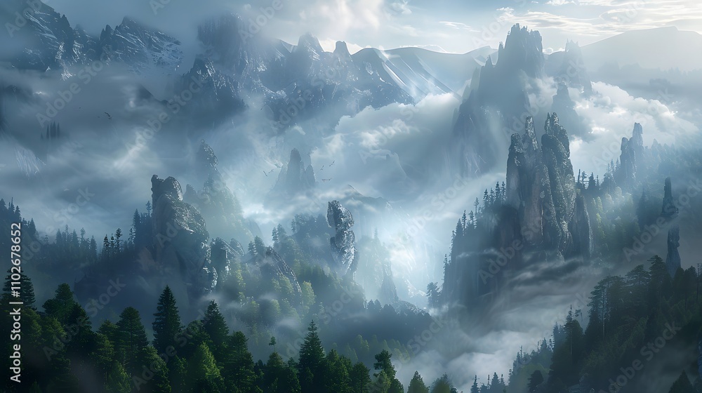 Naklejka premium Misty Mountain Peaks Enveloped In Clouds And Forest