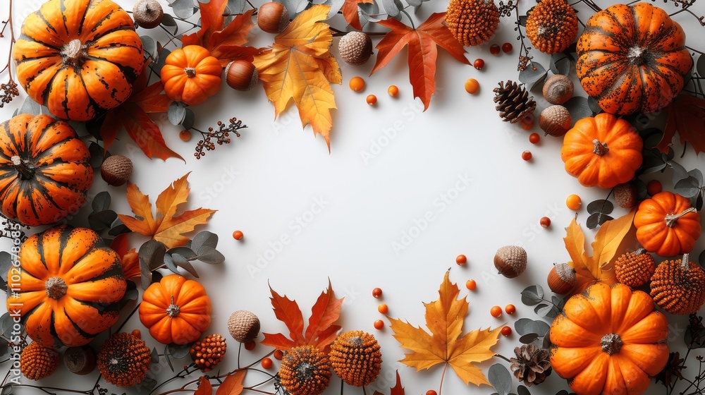 Autumn Decorations with Pumpkins and Leaves on White Background Autumn Decorations with Pumpkins and Leaves on White Background