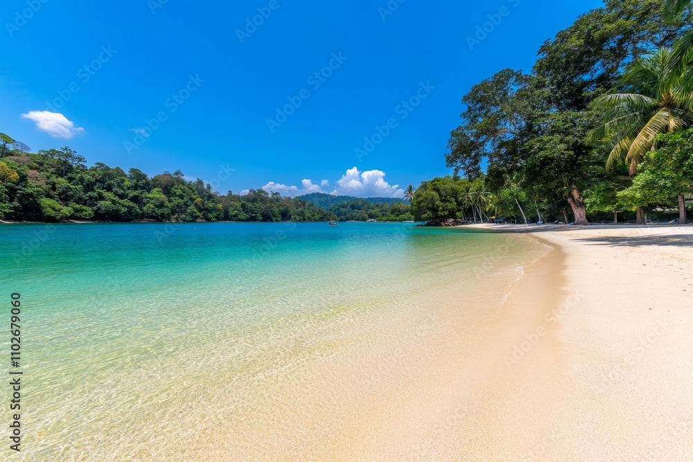 Fototapeta premium A tranquil aqua lagoon surrounded by white sand and palm trees faintly visible in the corners