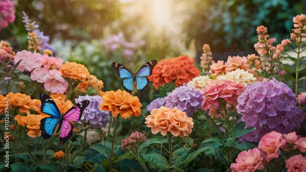 AI GENERATE, A vibrant butterfly garden with gradient flowers in pastel colors AI GENERATE, A vibrant butterfly garden with gradient flowers in pastel colors