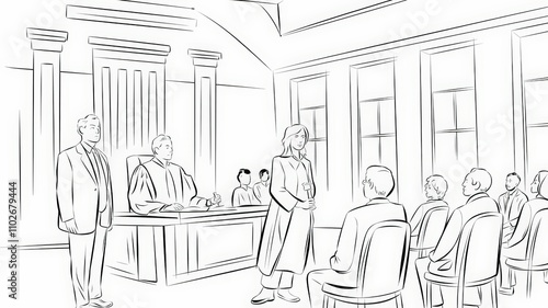 Black and White Courtroom Illustration for Legal Concepts and Justice Themes
