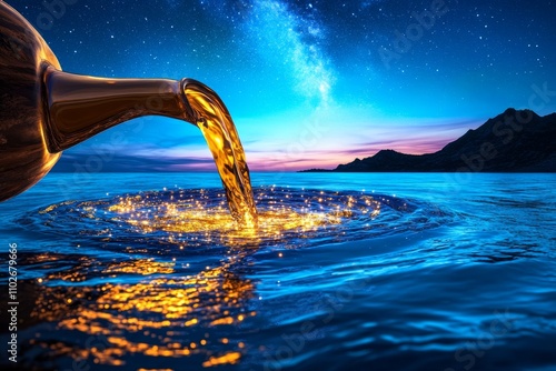 An Aquarius-themed artwork showing a celestial water bearer pouring glowing liquid into the Milky Way