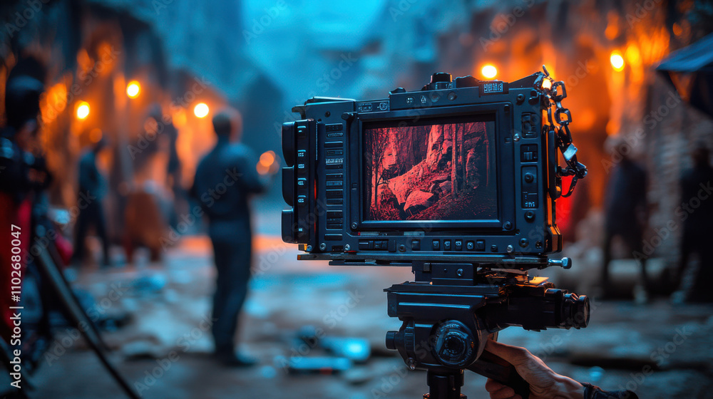 Filmmaking camera on set, capturing a scene with actors in costume. Filmmaking camera on set, capturing a scene with actors in costume.