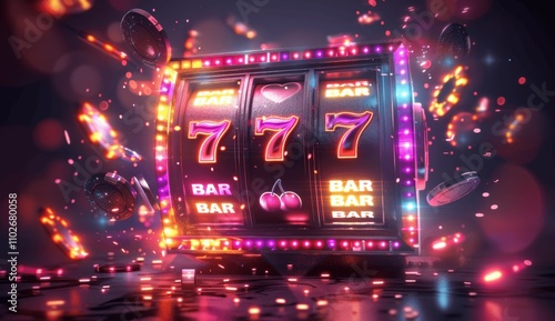 Colorful slot machine with glowing lights and flying cards on dark background