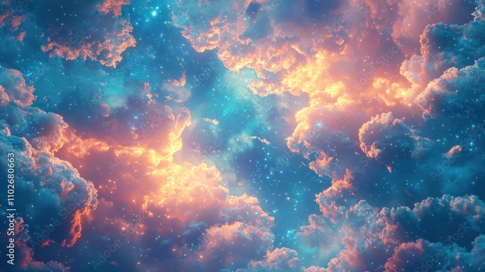 A surreal sky filled with glowing dream clouds, each carrying images of different fantasies and dreamscapes. A surreal sky filled with glowing dream clouds, each carrying images of different fantasies and dreamscapes.