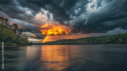 Rainbow after the storm: a sign of hope. A bright rainbow rises over a stormy landscape.