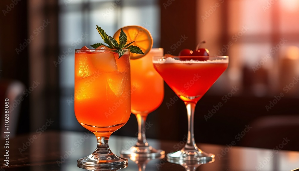 Refreshing cocktails on a bar counter. Summer drinks. Refreshing cocktails on a bar counter. Summer drinks.