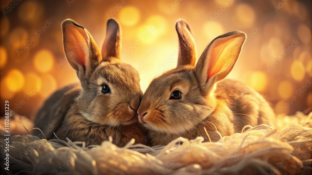 Fototapeta premium Adorable Bunny Couple: Close-Up High-DOF Photo of Two Bunnies Huddled Together