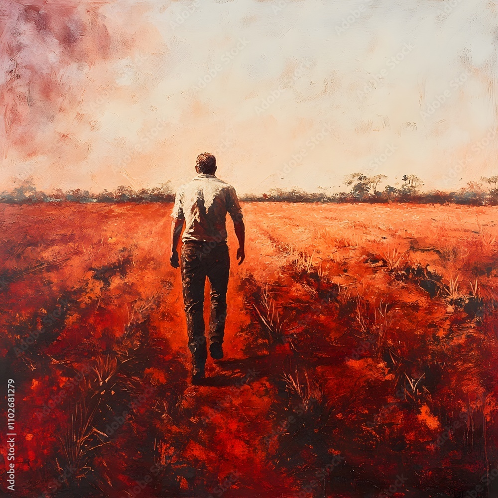 A lone man walks away into a fiery red landscape under a pale sky. The colors are warm and intense. A lone man walks away into a fiery red landscape under a pale sky. The colors are warm and intense.