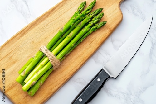 Asparagus spears tied with twine, placed on a clean marble countertop with a knife and cutting board nearby photo