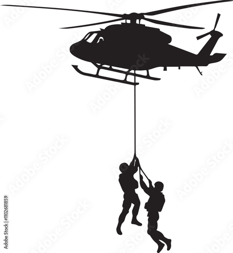 Silhouette vector of an army soldiers come down from helicopter through the hanging rope, vector silhouette