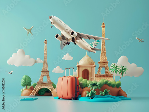 Travel Concept with Plane on Famous Landmark and Historical Places,  3d Airline Ticket, Travel Bag, Globe and Airplane. Render Paper Ticket with Plane Icon, Suitcase and Planet Earth. Travel Element. 