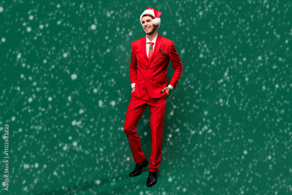 Full length body size view of attractive classy imposing confident cheerful guy posing isolated over green color background Full length body size view of attractive classy imposing confident cheerful guy posing isolated over green color background