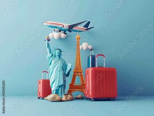 Travel Concept with Plane on Famous Landmark and Historical Places,  3d Airline Ticket, Travel Bag, Globe and Airplane. Render Paper Ticket with Plane Icon, Suitcase and Planet Earth. Travel Element. 