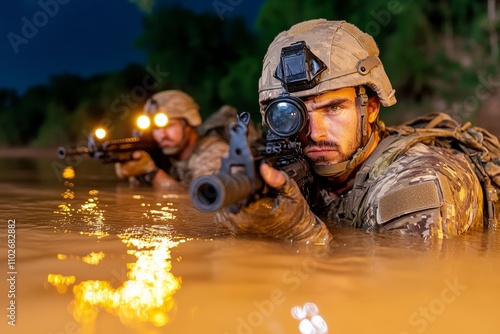 Soldiers on a reconnaissance mission, crossing a river with tactical gear and night vision goggles photo