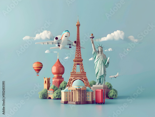 Travel Concept with Plane on Famous Landmark and Historical Places,  3d Airline Ticket, Travel Bag, Globe and Airplane. Render Paper Ticket with Plane Icon, Suitcase and Planet Earth. Travel Element. 