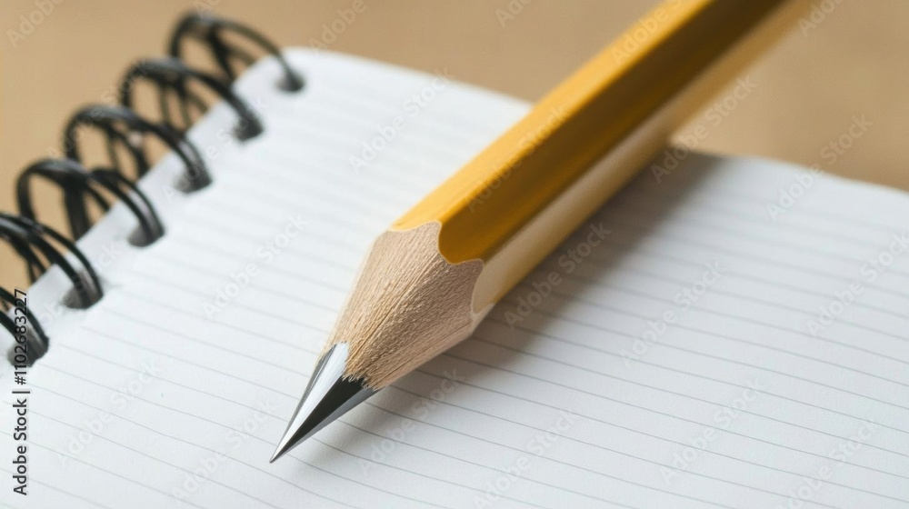 A sharpened pencil resting on a blank notepad, ready for writing. A sharpened pencil resting on a blank notepad, ready for writing.