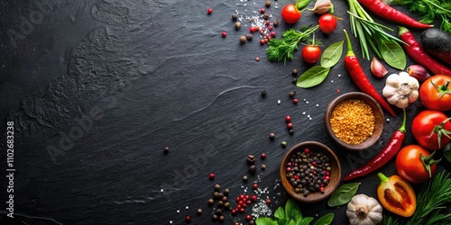 Black Stone Cooking Background, Spices, Vegetables, Top View, Food Photography, Recipe Template, Culinary Image, Flat Lay, Food Styling, Free Space