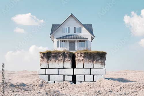 symbolic image of house surrounded by layered barriers, representing isolation and protection. house stands on cracked surface, evoking sense of vulnerability and resilience