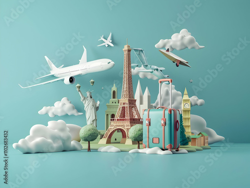 Travel Concept with Plane on Famous Landmark and Historical Places,  3d Airline Ticket, Travel Bag, Globe and Airplane. Render Paper Ticket with Plane Icon, Suitcase and Planet Earth. Travel Element. 