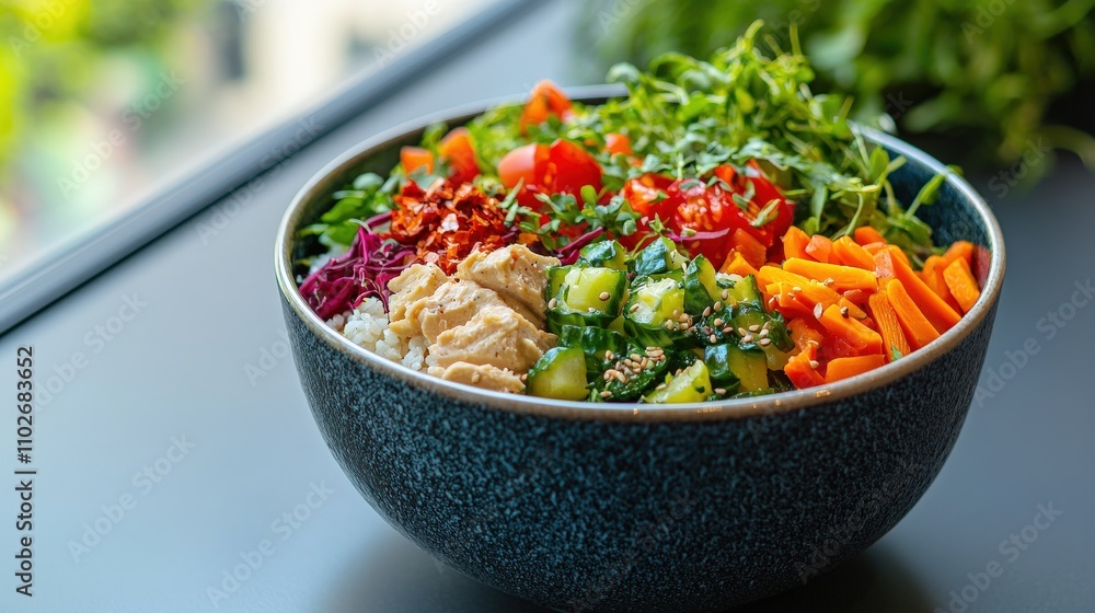 A vibrant bowl of fresh salad featuring colorful vegetables, greens, and hummus, perfect for a healthy meal. A vibrant bowl of fresh salad featuring colorful vegetables, greens, and hummus, perfect for a healthy meal.