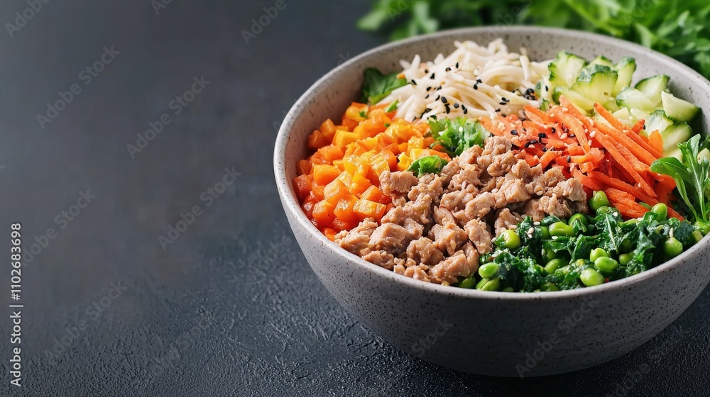 A vibrant bowl of mixed vegetables, ground meat, and garnishes, showcasing a healthy and colorful meal option. A vibrant bowl of mixed vegetables, ground meat, and garnishes, showcasing a healthy and colorful meal option.