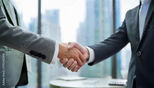 A photo highlighting a business handshake in the background of the office