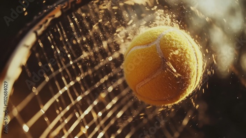 A tennis ball hitting the strings of a racket, vibrations and deformations in super slow motion  photo