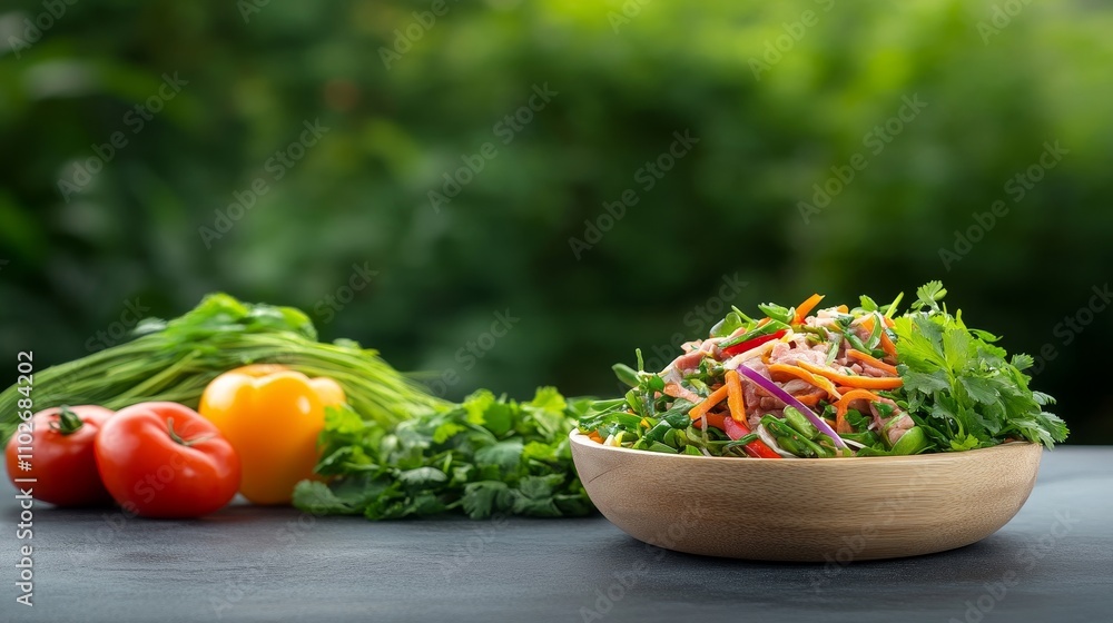 Fresh Colorful Salad with Vegetables in a Wooden Bowl Fresh Colorful Salad with Vegetables in a Wooden Bowl